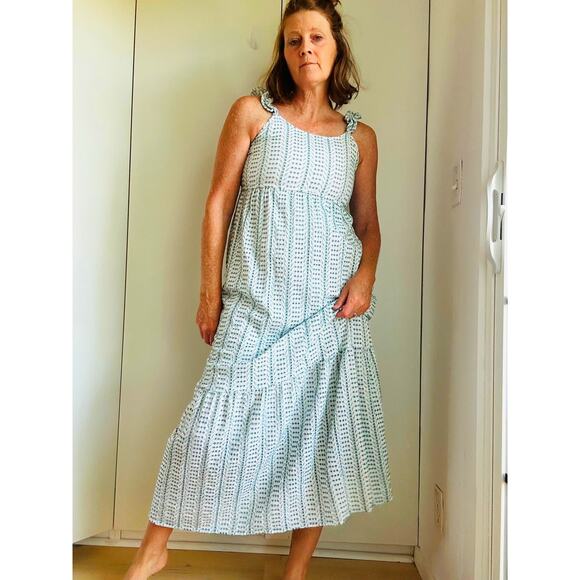 Women's Boho Eyelet Maxi Dress White/Green Ruffle bottom Sundress Bohemian Sz Sm - Picture 9 of 11